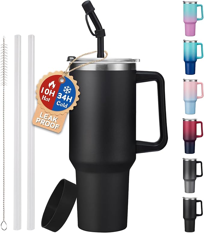 40oz Tumbler with Handle and Straw Lid - Insulated Water Bottle Keep Cold-34H, Stainless Steel Hydro Cup Travel Flask with Dust-proof Cap, Rubber Base, Coffee Mug for Men Women