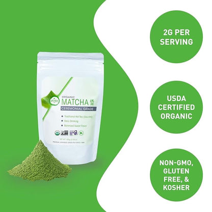 Aiya Certified USDA Japanese Organic Ceremonial Grade Matcha Green Tea Powder - Gluten-Free, Non-GMO - 100g Bag (3.53 oz.)