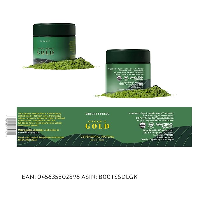 Midori Spring Organic Ceremonial Grade Matcha - Gold 1st Harvest Blend, Japanese Stone Ground Green Tea Powder, Radiation, Gluten Free, Vegan (Organic Gold)