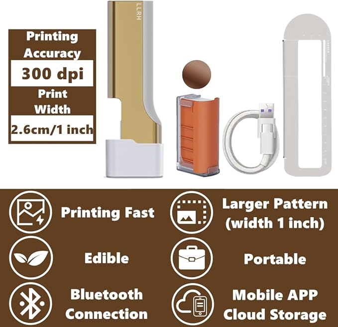 LLRH Latte Art Food PrintPen DIY Image for Coffee Beer Cocktails Macaron Cookie, Bluetooth, for Home, Small Shops (Brown)