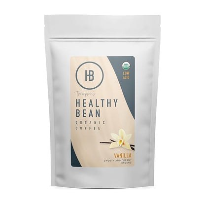 Healthy Bean Organic Ground Coffee Vanilla Infused - Low Acid Coffee Grounds for Sensitive Stomach - Medium Roast Blend, USDA Organic, High Antioxidants, Smooth and Creamy Vanilla-Infused Flavor, 11oz