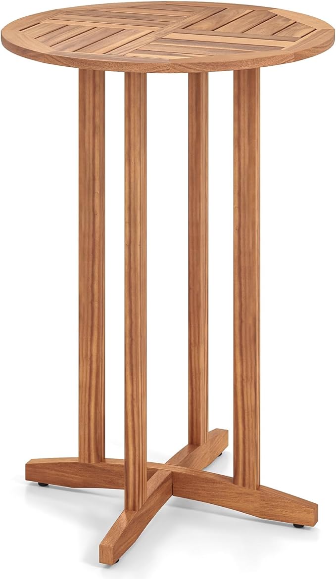 Tangkula Outdoor Acacia Wood Bar Table, 39" Patio Bar Height Round Table with Slatted Tabletop, High Top Bistro Dining Table, Pub Height Round Table for Garden, Deck, Porch and Yard