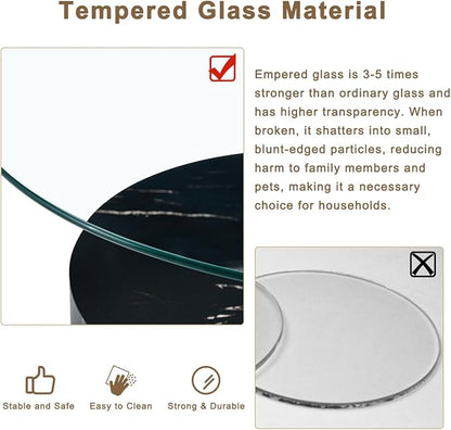 42 Inch Glass Coffee Table，Round Coffee Table with 2-Tier Tempered Glass Tabletop，Easy to Clean Circle Coffee Table with Sturdy Base for Living Room，Office (Black Marble Colored Base
