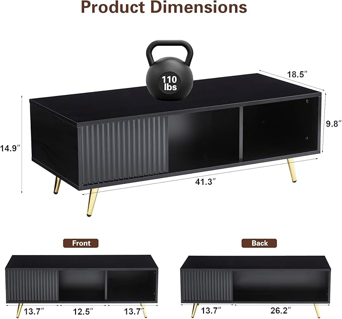 COSVALVE 41.3IN LED Black Coffee Tables for Living Room with 16 Colors LED Lights, Modern Minimalist Coffee Table with Fluted Panel, Rectangle Center Table Game Table