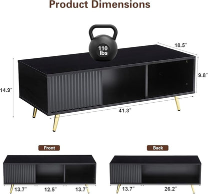 COSVALVE 41.3IN LED Black Coffee Tables for Living Room with 16 Colors LED Lights, Modern Minimalist Coffee Table with Fluted Panel, Rectangle Center Table Game Table