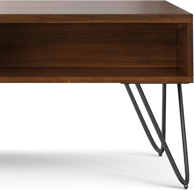 SIMPLIHOME Hunter Lift Top Coffee Table - 48 inch Wide Solid Walnut Veneer and Metal Industrial Cocktail Table, Functional Living Room Table with 2 Storage Cubbies and Hairpin Legs