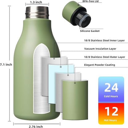 BJPKPK Insulated Water Bottles, 12oz Stainless Steel Metal Water Bottle with Strap, BPA Free Leak Proof Jugs, Mugs, Flasks, Reusable Thermal Flasks for Sports & Travel, Forest Green