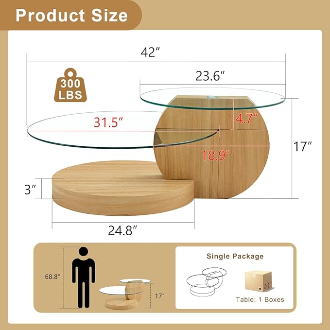 42 Inch Glass Coffee Table，Round Coffee Table with 2-Tier Tempered Glass Tabletop，Easy to Clean Circle Coffee Table with Sturdy Base for Living Room，Office （Wood-Colored Base）