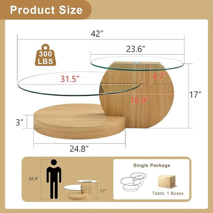 42 Inch Glass Coffee Table，Round Coffee Table with 2-Tier Tempered Glass Tabletop，Easy to Clean Circle Coffee Table with Sturdy Base for Living Room，Office （Wood-Colored Base）
