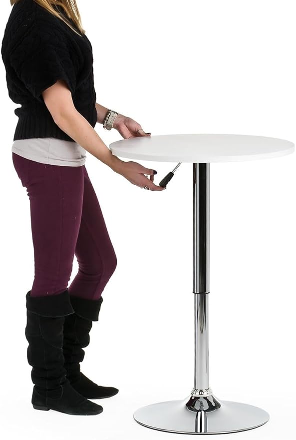 Displays2go Height Adjustable Bar Table, 23.5-inch Round Pub Table with 360-degree Rotation, Aluminum & MDF (White)