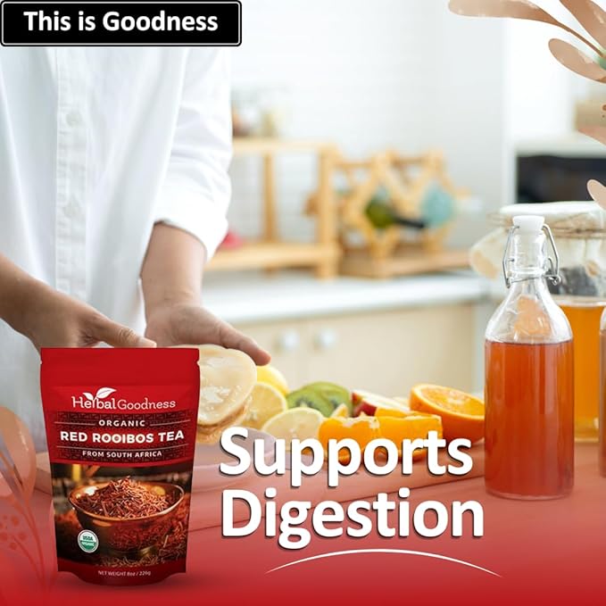 Organic Rooibos Tea - Caffeine-Free Tea Rich in Antioxidants, Herbal Tea Bags, USDA Organic, Non-GMO, Premium Red Rooibos Tea from South Africa - 8oz Pouch by Herbal Goodness