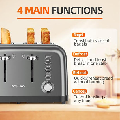Grey Toaster 4 Slice, Dual Independent Controls, Extra Wide Slot Toasters for Bagel, Bread, Waffles, 7 Shade Settings, 4 Main Functions, Removable Crumb Tray, 1500 Watts, Grey Stainless Steel
