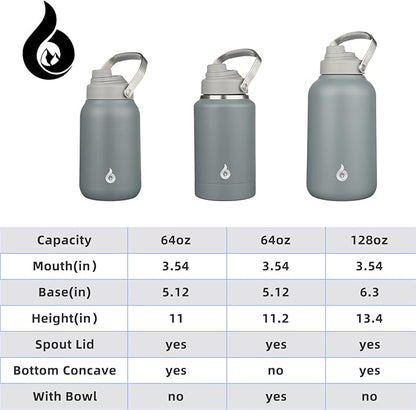 BJPKPK Half Gallon Insulated Water Bottles, 64oz Water Jug with Metal Handle & BPA Free Spout Lid, Dishwasher Safe Thermo, Large Stainless Steel Gym Sport Jugs, Grey