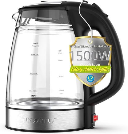 Glass & Stainless Steel Cordless Electric kettle for boiling water, Hot water boiler Electric Tea Kettle automatic shut off Boil-Dry Protection, PC Outer + Glass Inner, 1500W, 1.7L, BK