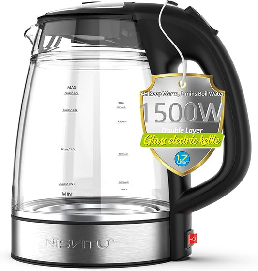 Glass & Stainless Steel Cordless Electric kettle for boiling water, Hot water boiler Electric Tea Kettle automatic shut off Boil-Dry Protection, PC Outer + Glass Inner, 1500W, 1.7L, BK