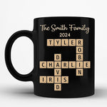 Load image into Gallery viewer, Family Forever Linked Together Custom Names Ceramic Mug, Crossword Puzzle Art, for Birthday, Anniversary or Special Occasions (Family Forever Linked Together Black Mug)
