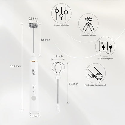 Delm Milk Frother Electric USB Stainless Steel Accessory - Frother Wand Foam Maker for Lattes - Milk Frother Handheld for Cappuccino, Frappe, Matcha, Hot Chocolate - Frother for Coffee (white)