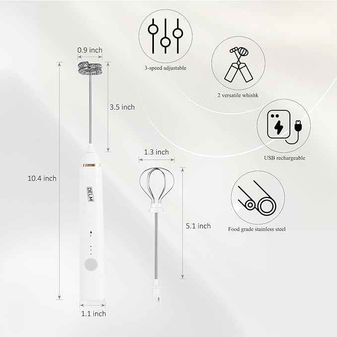 Delm Milk Frother Electric USB Stainless Steel Accessory - Frother Wand Foam Maker for Lattes - Milk Frother Handheld for Cappuccino, Frappe, Matcha, Hot Chocolate - Frother for Coffee (white)
