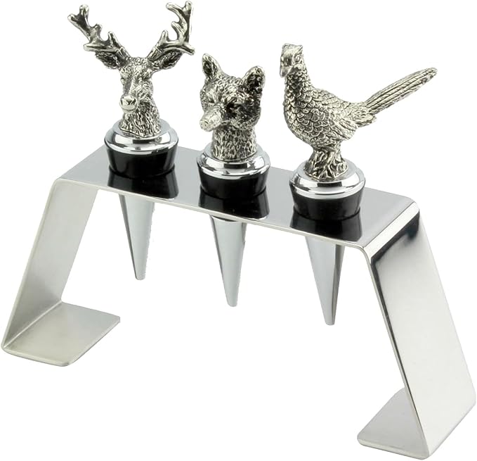 Regent Stainless Steel 3-Piece Animal Stoppers Set (Trapezium Holder) Classic Design 3 Piece Wine Stopper Set, Bottle Stoppers with stand - Set of 3