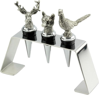 Regent Stainless Steel 3-Piece Animal Stoppers Set (Trapezium Holder) Classic Design 3 Piece Wine Stopper Set, Bottle Stoppers with stand - Set of 3