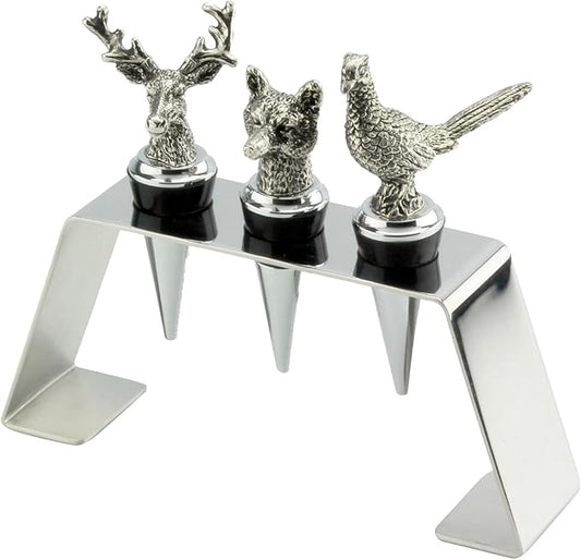 Regent Stainless Steel 3-Piece Animal Stoppers Set (Trapezium Holder) Classic Design 3 Piece Wine Stopper Set, Bottle Stoppers with stand - Set of 3
