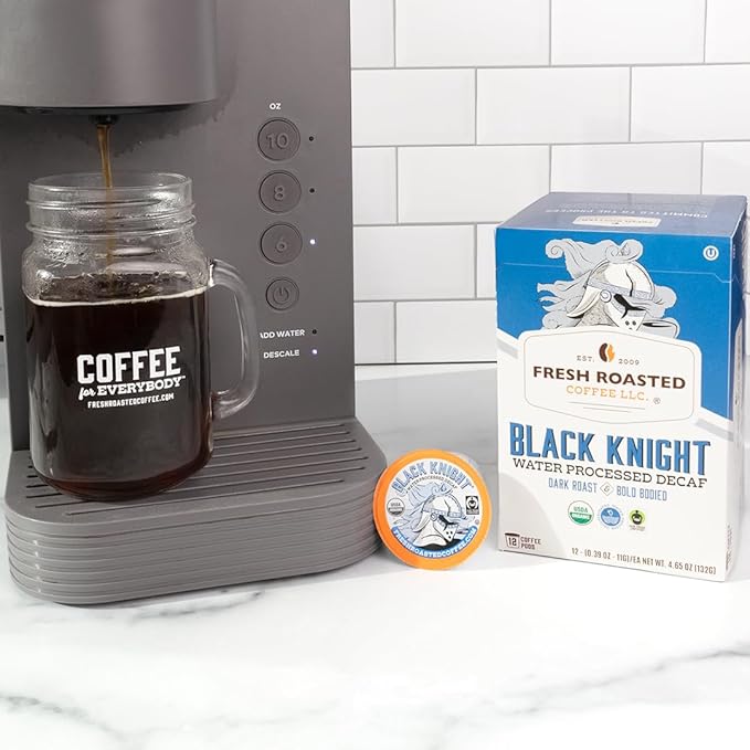 Fresh Roasted Coffee, Organic Black Knight Water-Processed Decaf | USDA Organic, Kosher | Dark Roast | 24 Pods for K Cup Brewers