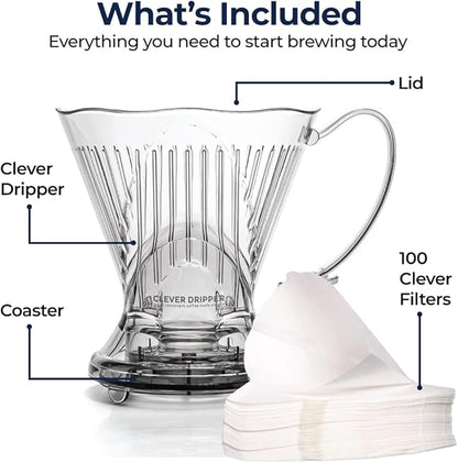 Clever Coffee Dripper and Filters, Large 18 oz, Original Classic Design, Safe BPA Free Plastic, Drip Coffee Maker, Pour Over, 100 Filters, Coaster and Lid