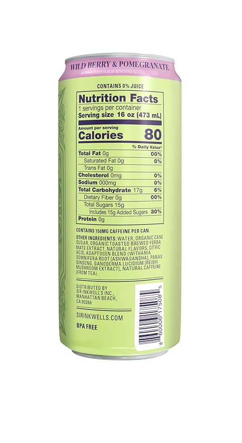 SIR INKWELL’S Adaptogen Yerba Mate Tea | Healthful Energy + Productivity 150 mg Organic Caffeine | 300mg Ashwagandha Reishi Ginseng |Non-GMO Certified | Wild Berry & Pomegranate 16oz 12pk