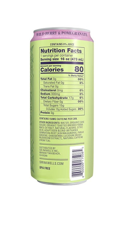 SIR INKWELL’S Adaptogen Yerba Mate Tea | Healthful Energy + Productivity 150 mg Organic Caffeine | 300mg Ashwagandha Reishi Ginseng |Non-GMO Certified | Wild Berry & Pomegranate 16oz 12pk