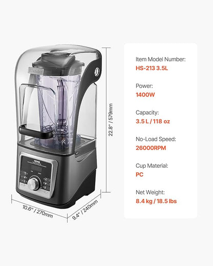 VEVOR Professional Blender for Smoothies, 118 oz 1400W, with Powerful Motor, Multi-Functional Food Processing Blender with Noise Cover for Smoothie/Milkshake/Juice, Fits for Kitchen