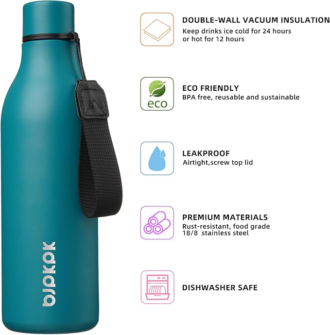 BJPKPK Insulated Water Bottles, 25 oz Stainless Steel Metal Water Bottle with Strap, BPA Free Leak Proof Jugs, Mugs, Flasks, Reusable Thermal Flasks for Sports & Travel, Lake Blue