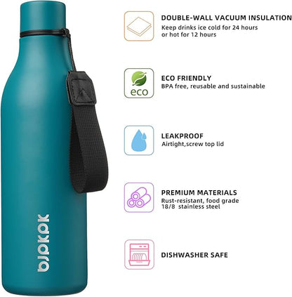 BJPKPK Insulated Water Bottles, 25 oz Stainless Steel Metal Water Bottle with Strap, BPA Free Leak Proof Jugs, Mugs, Flasks, Reusable Thermal Flasks for Sports & Travel, Lake Blue