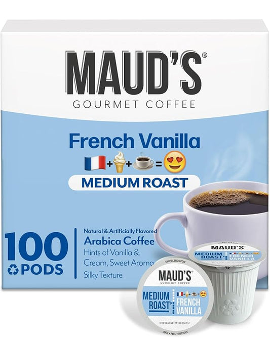 Maud's French Vanilla Coffee Pods, 100 ct, Medium Roast Coffee in Recyclable Single Serve Pods – 100% Arabica Coffee, Compatible with Keurig K Cups Maker