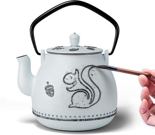Toptier Teapot with Removable Infuser, Cast Iron Tea Kettle Stovetop Safe, Squirrel Design Tea Pot Coated with Enameled Interior for 32 Ounce (950 ml), Light Blue