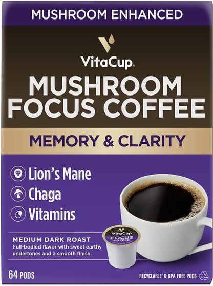 VitaCup Focus Mushroom Coffee Pods, Boost Focus & Immunity w/Lions Mane, Chaga, B Vitamins, D3 for Memory & Clarity, Medium Roast, Recyclable Single Serve Pod Compatible w/Keurig K-Cup Brewers,64 Ct