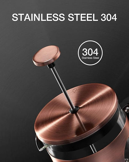 BAYKA 21 Ounce 0.6 Liter French Press Coffee Tea Maker Small, Heat Resistant Thickened Borosilicate Glass Stainless Steel Single Serve Brewer, Cold Brew Percolators, Cafetera Teapot, Copper