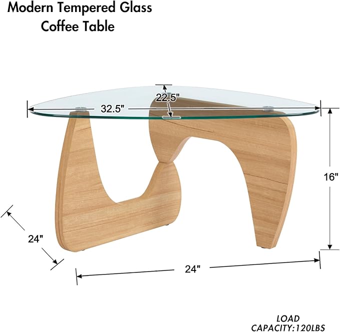 Modern Noguchi Coffee Table, Triangle Coffee Table with Tempered Glass Modern Vintage Glass Tea Table Wood Glass Accent Center Table for Living Room, 22.5"x32.5"x16", Log Transparent