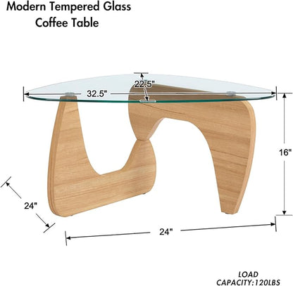 Modern Noguchi Coffee Table, Triangle Coffee Table with Tempered Glass Modern Vintage Glass Tea Table Wood Glass Accent Center Table for Living Room, 22.5"x32.5"x16", Log Transparent