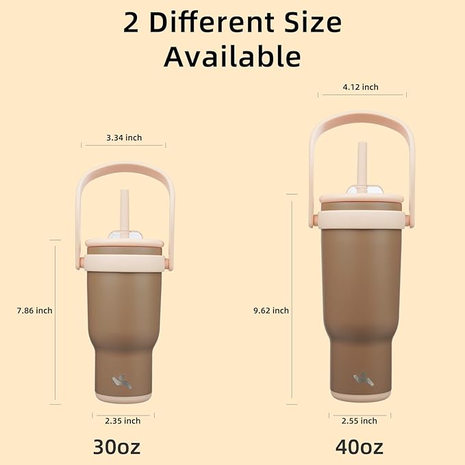 40 oz Tumbler with Side Handle, Insulated Water Bottle with Straw and 2 in 1 Lid, Stainless Steel Cup Travel Coffee Mug for Sports Office Gym,Brown