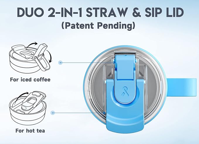 Meoky 40oz Tumbler with Handle, Stainless Steel Travel Mug with 2-in-1 Straw and Sip Lid, Vacuum Insulated Coffee Mug, 100% Leak Proof, Keeps Cold for 34 Hours or Hot for 10 Hours (Sky)