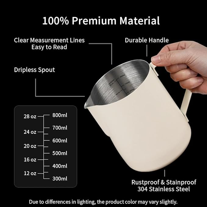 watchget Milk Frothing Pitcher 32oz/900ml - Stainless Steel Frothing Pitcher Espresso Steaming Pitcher Coffee Frother Cup Cappuccino Latte Art Coffee Machine Accessories Milk Jug, Creamy White