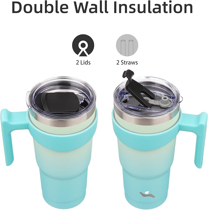 20 oz Tumbler with Handle and 2 Straw 2 Lid, Insulated Water Bottle Stainless Steel Vacuum Cup Reusable Travel Mug, Mint