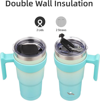 20 oz Tumbler with Handle and 2 Straw 2 Lid, Insulated Water Bottle Stainless Steel Vacuum Cup Reusable Travel Mug, Mint