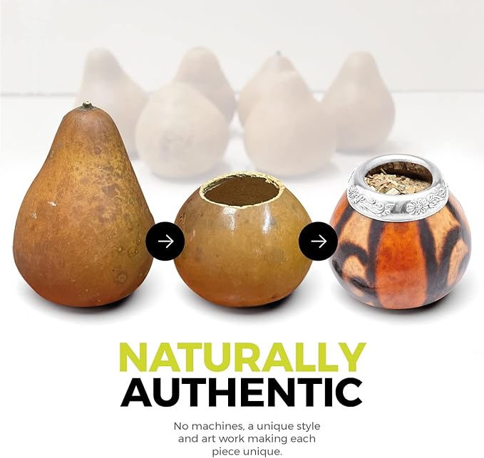 BALIBETOV Yerba Mate Gourd Set (Original Natural Handmade Yerba Mate Cup Argentina) - Includes Mate Tea Cup, Bombilla (Mate Straw) and Clean Brush - Classic Mate Cup and Bombilla Set (NATURAL 02)