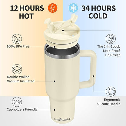 40oz Tumbler with Handle,Double Wall Vacuum Reusable Stainless Steel Insulated Water Bottle,With Leak Proof lid and Straw for Iced or Cold Beverages (Beige)