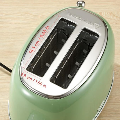 Toaster Retro 2 Slice, Vintage Green Toaster with Lid, with Bread Attachment, Preheat, Defrost And Cancel Functions, 6 Browning Levels (Green)