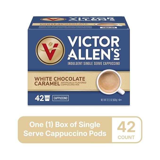Victor Allen's Coffee White Chocolate Caramel Flavored Cappuccino, 42 Count, Single Serve Cups for Keurig K-Cup Brewers