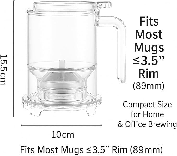 Pour-Over & Immersion Coffee Dripper & Maker, Stop-Valve 17oz Steep-and-Release Brewer, 304 Stainless Steel Mesh Filter, Insulated Handle, Fits Mugs ≤3.5" Rim, BPA-Free (Transparent)