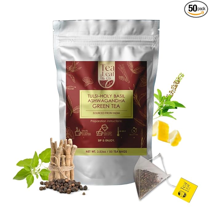 Tulsi Ashwagandha Green Tea Bags (50 Count), Green Tea with Tulsi, Ashwagandha, Lemongrass and Black Pepper, Caffeinated, Real and Natural Green Tea, Blended with Fresh Herbs and Spices, Gluten Free
