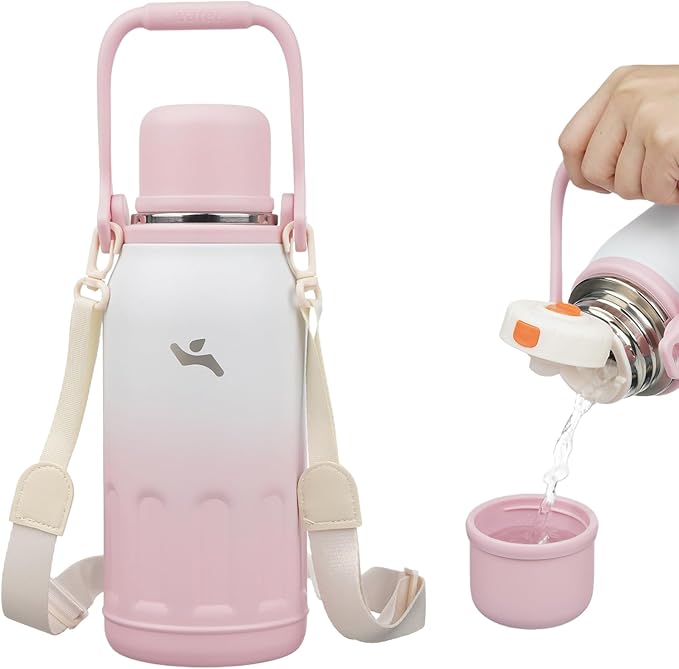 Insulated Water Bottle with Handle and Strap,Vacuum Travel Tumbler with Cup Lid,Thermo Coffee Cup for Hot Cold Drinks 40 OZ,Pink Pearl